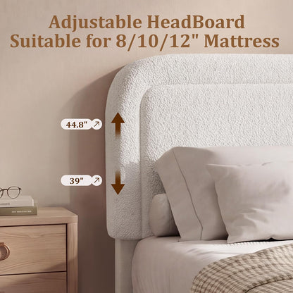vipbear boucle queen size bed frame with adjustable, close-up detail