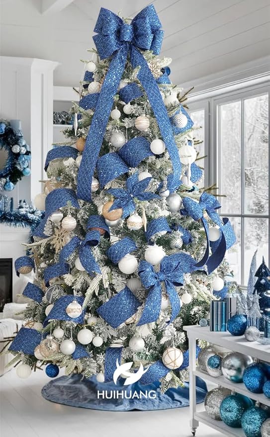 HUIHUANG Navy Blue Wired Christmas Ribbon 4 inch Navy Glitter Wired Ribbon - Image 6