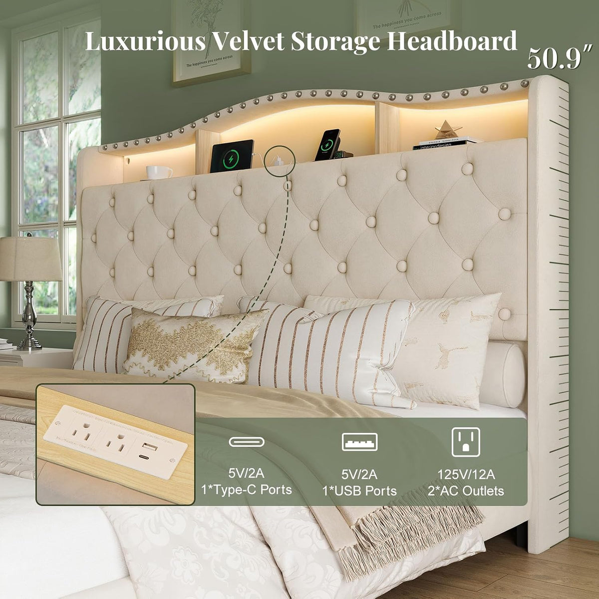 belffin platform bed frame with 50.9" led headboard, close-up detail