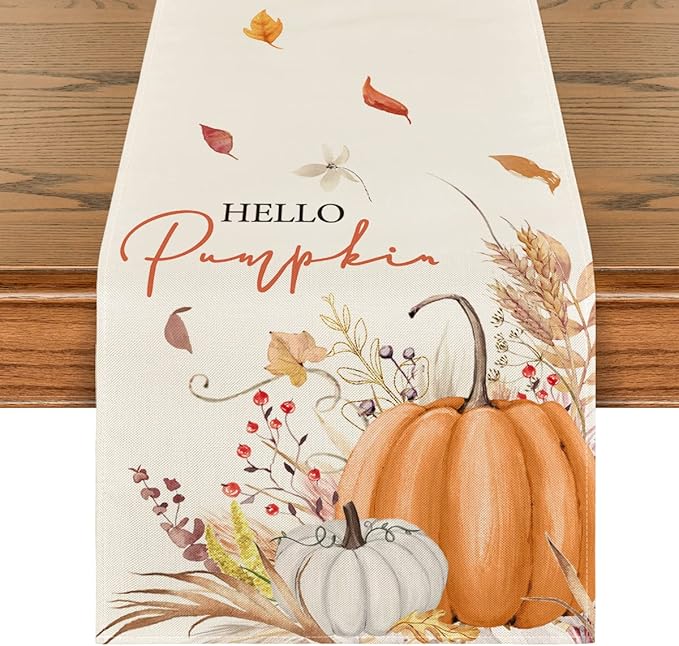 Artoid Mode Hello Pumpkin Flowers Leaves Thanksgiving Table Runner, Seasonal by ArtoidMode