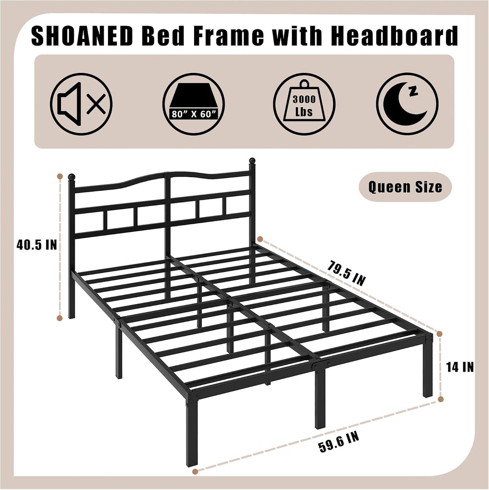 SHOANED 14 Inch Metal Bed Frame - Queen Size Heavy Duty Bedframe with Headboa...