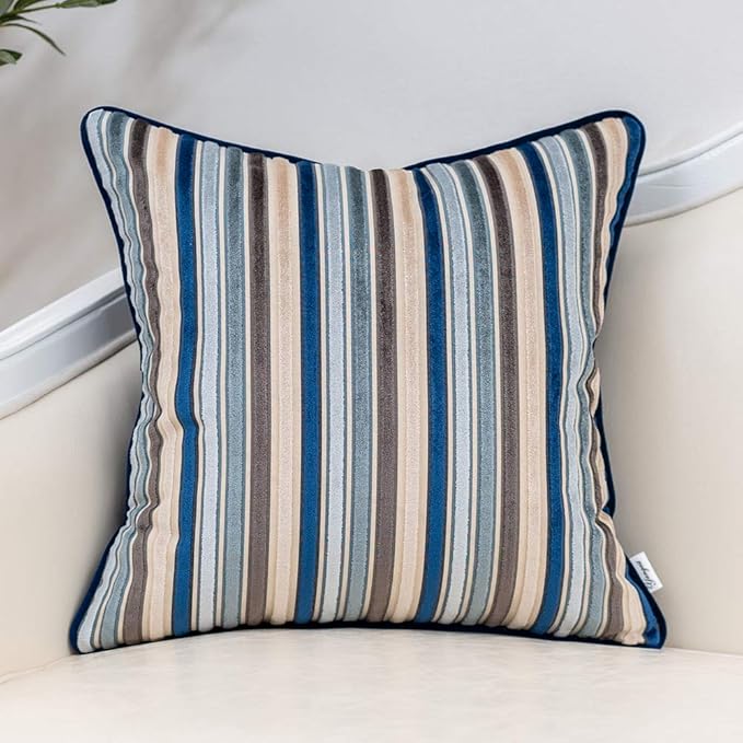 Yangest Blue Striped Throw Pillow Cover Multicolor Velvet Cushion Cover Modern by Yangest