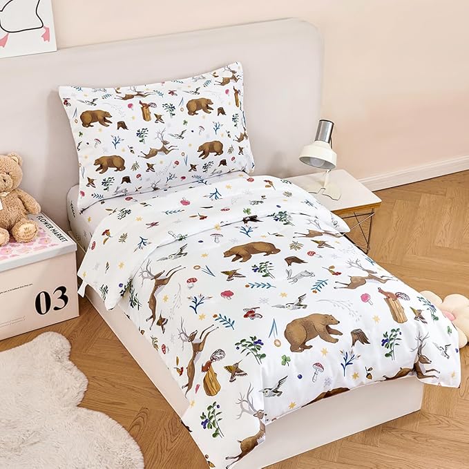 PERFEMET Kids Comforter Sets Twin 4 Pieces Cartoon Woodland Animal Print Bedding - Image 2