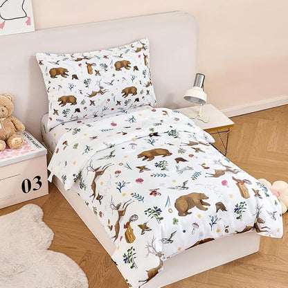 PERFEMET Kids Comforter Sets Twin 4 Pieces Cartoon Woodland Animal Print Bedding - Image 2