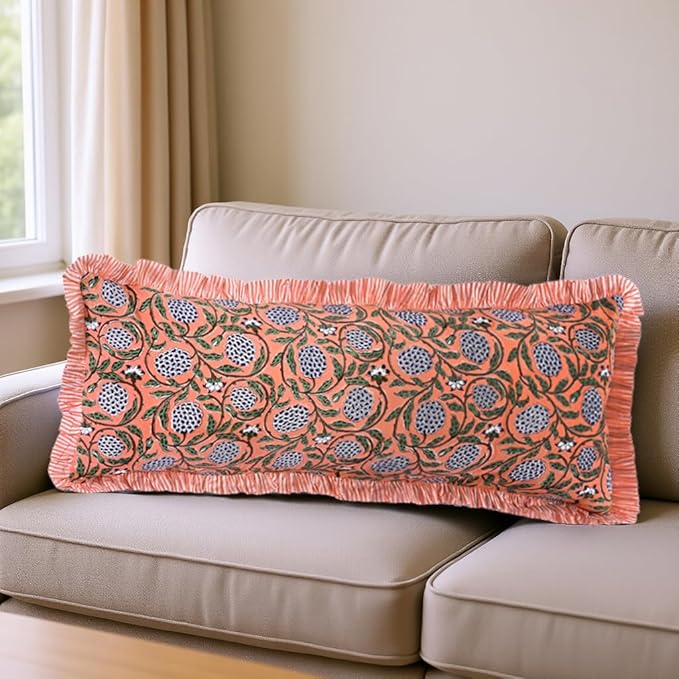 Ridhi Dark Salmon Pink 100% Cotton Block Print Ruffle Lumbar Sham Cover by Ridhi