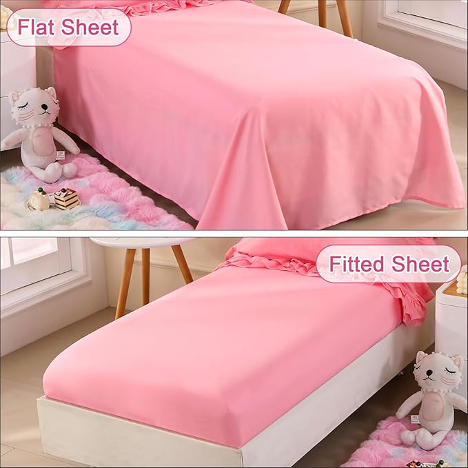 Wowelife Toddler Bedding Set for Girls 4 Piece Ruffle Boho Tufted Fringe Pink - Image 4