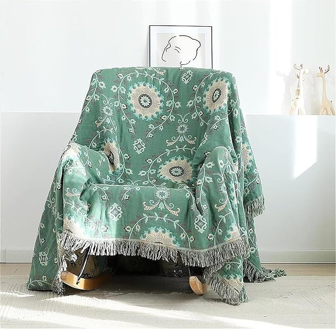 MSGKV Boho Throw Blanket for Couch Bed 100% Cotton Blankets Woven Green Blanket - Image 6