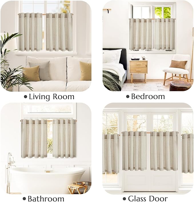jinchan Striped Linen Kitchen Curtains 24 Inches Tier Curtains Farmhouse Modern - Image 4
