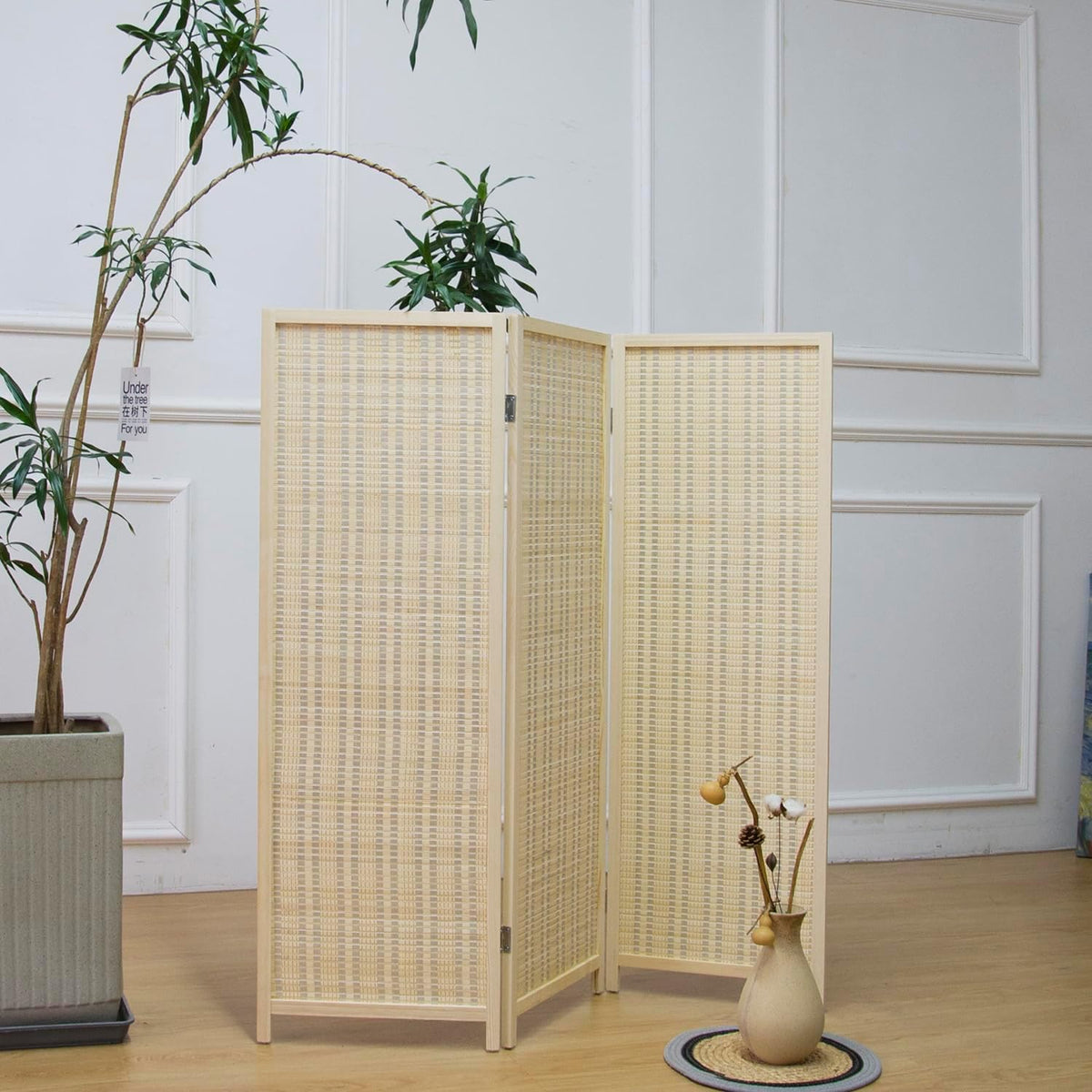furnnylane 3 panel short room divider screen,beige freestanding, close-up detail