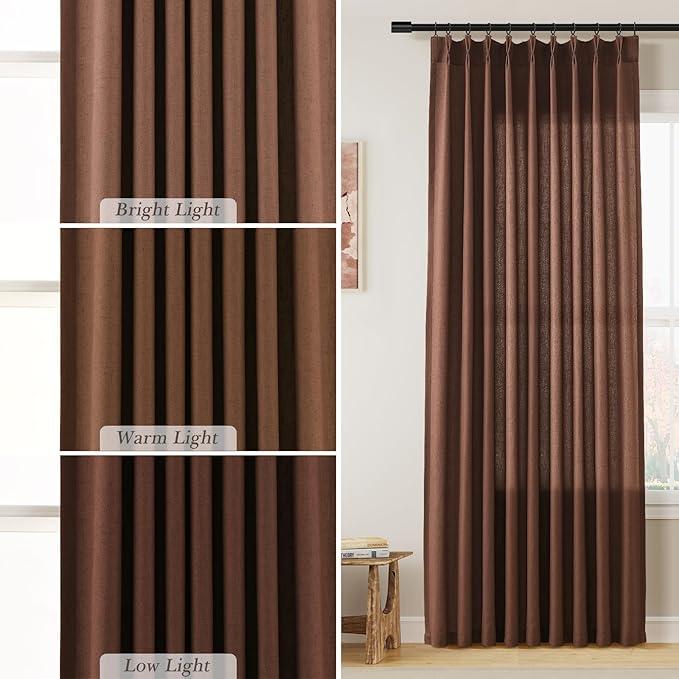 Rustic Brown Pinch Pleated Linen Curtains 102 Inch Length 2 Panels - Image 4