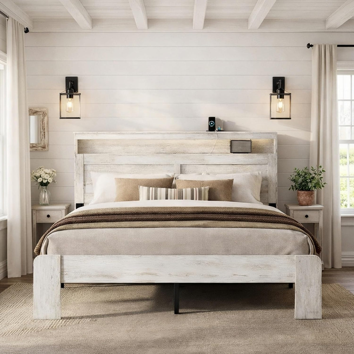 king size wooden bed frame with headboard, rustic, main product view