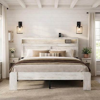 king size wooden bed frame with headboard, rustic, main product view