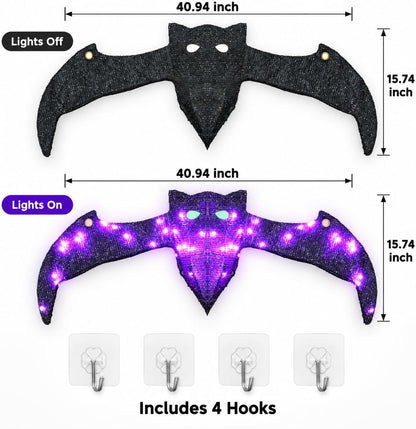 Lighted Hanging Bat Halloween Window Decorations, Large Spooky Glowing Purple LED Bat Halloween Decorations Outdoor Indoor with Auto-Timer, Sparkling Plush & Hooks for Front Porch Window Tree Mantel