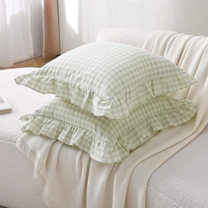 2 Pack Pile Green White Plaid Ruffle Gingham Throw Pillow Covers, 100% Washed - Image 3
