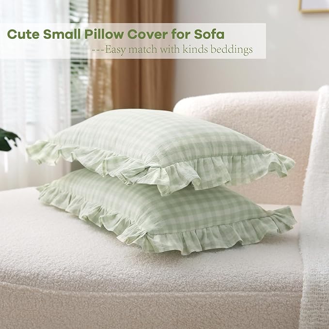 2 Pack Pile Green White Plaid Ruffle Gingham Lumbar Throw Pillow Covers - Image 4