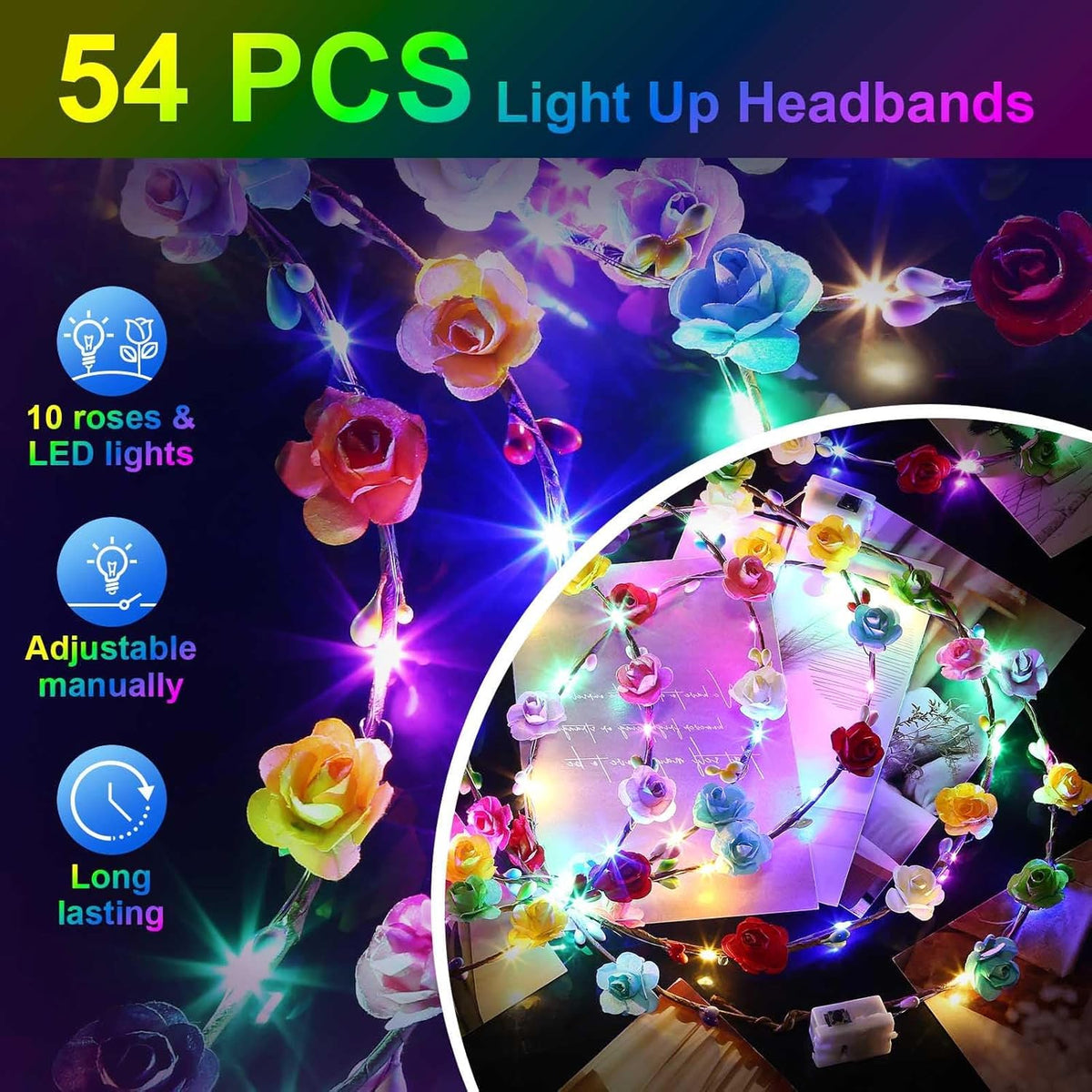HONLYNE 54 PCS LED Flower Crown Headbands, Light Up Flower Crowns For Women, Glow in the Dark Headband for Wedding Reception Mardi Gras Cosplay Princess Party Favors Birthday Christmas Halloween