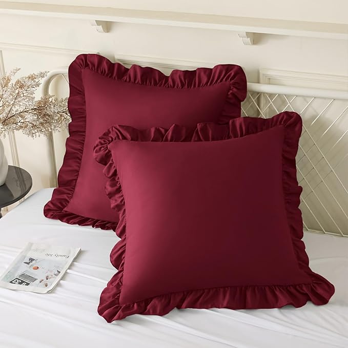 KKJIAF Ruffle Pillow Cases 24x24 Inches, Burgundy Square Ruffled Pillow Covers by KKJIAF