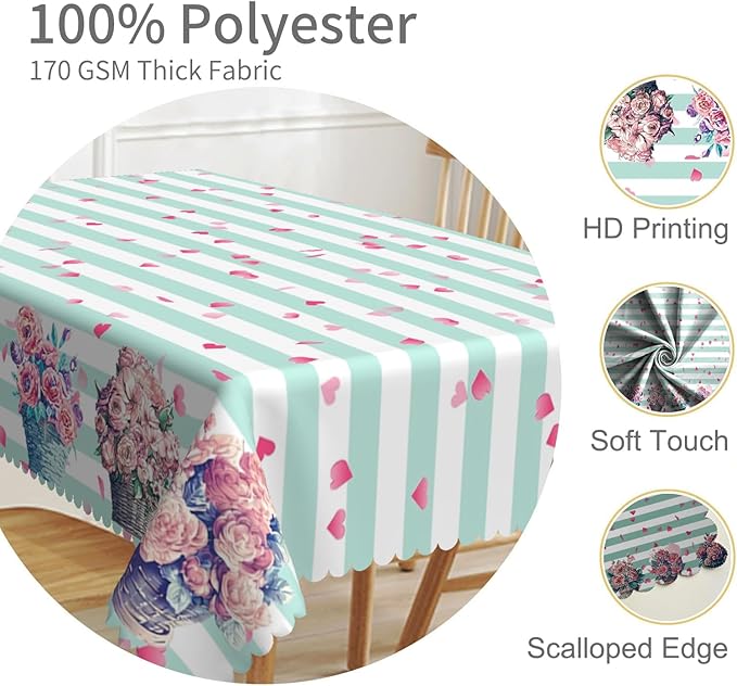 54x78inches Mint and White Stripes Tablecloth Pink Flowers Hearts Printed Table - Image 3