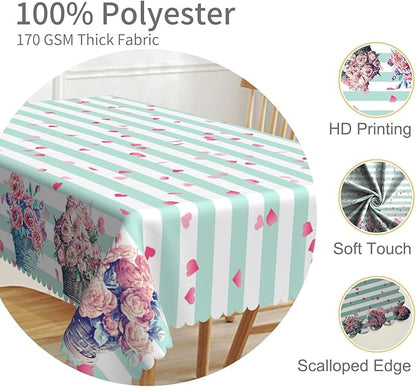 70x90inches Mint and White Stripes Tablecloth Pink Flowers Hearts Printed Table - Image 3