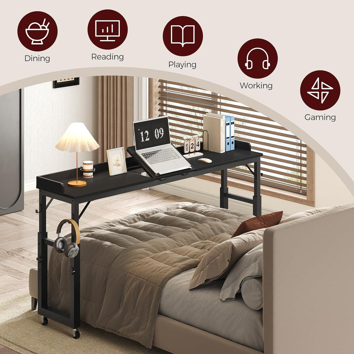 mahancris overbed table with wheels, mobile bed desk on a desk or shelf