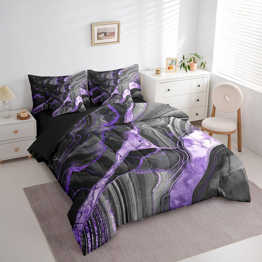 Erosebridal Black Grey Marble 7 Pcs Comforter Set, Purple Marbling Queen