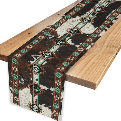 Western Table Runner, Rustic Brown Cow Print Skin Cowhide Aztec Southwest - Image 4