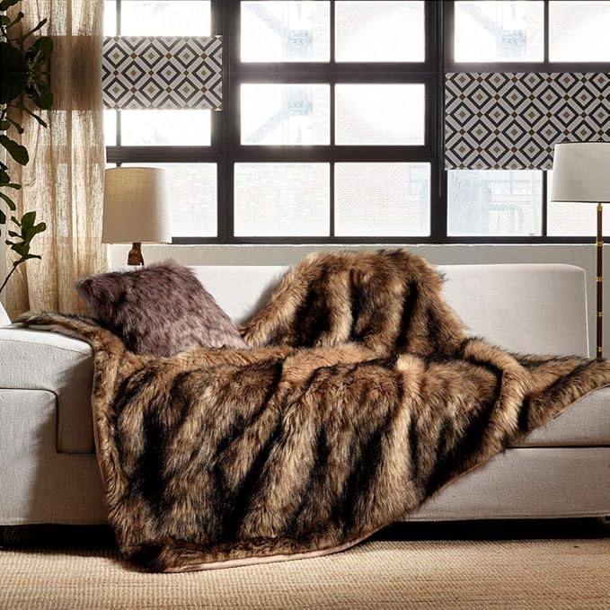 Luxury Plush Faux Fur Throw Blanket, Long Pile Brown - Image 2
