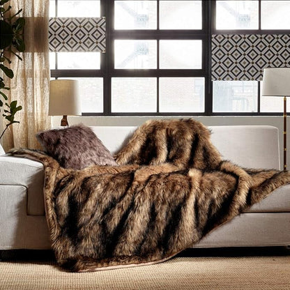 Luxury Plush Faux Fur Throw Blanket, Long Pile Brown - Image 2