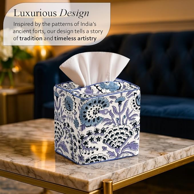 CPC Indigo Blue Hand Block Printed Cotton Tissue Box Cover 5" x 5" x 5.5" - Image 2
