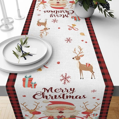 Christmas Table Runner, Merry Christmas Santa Claus Linen Table Runner - Image 4