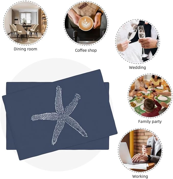 Summer Coastal Placemats Set of 4, Beach Theme Ocean Navy Blue Starfish - Image 7