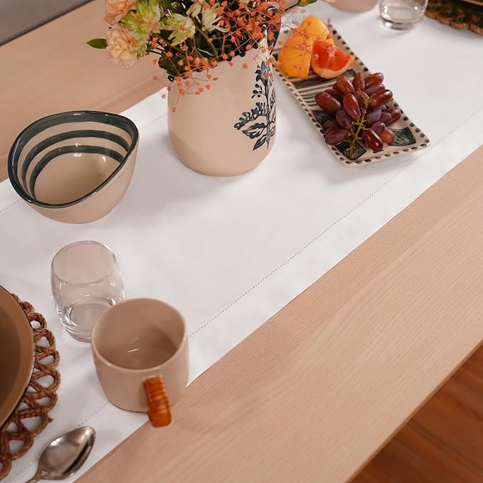 Home Ekaa White Table Runner 90 Inch – Cotton Linen Hemstitch Farmhouse Table - Image 3