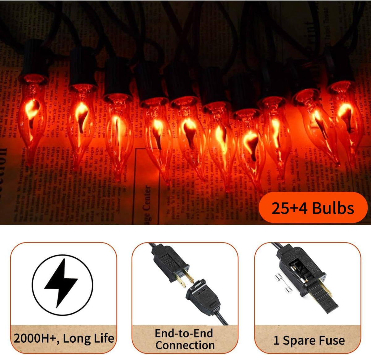 27.8Ft Orange Halloween Lights - Flickering Flame String Lights Orange Flickering String Lights with 25 +4 Pack C18 Flame Light Bulbs for Fall Halloween Decorations Indoor Outdoor Home Party Mantel