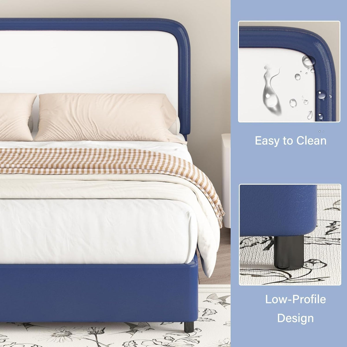 barnfurin full bed frame, curved faux leather headboard showing dimensions