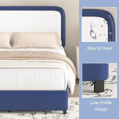 barnfurin full bed frame, curved faux leather headboard showing dimensions