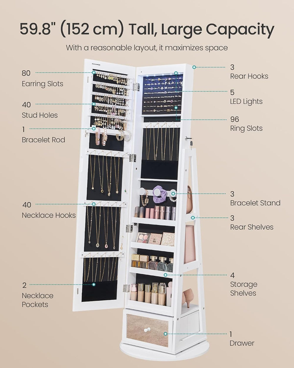 SONGMICS LED Jewelry Organizer, Full Length Mirror with Storage, Rotating