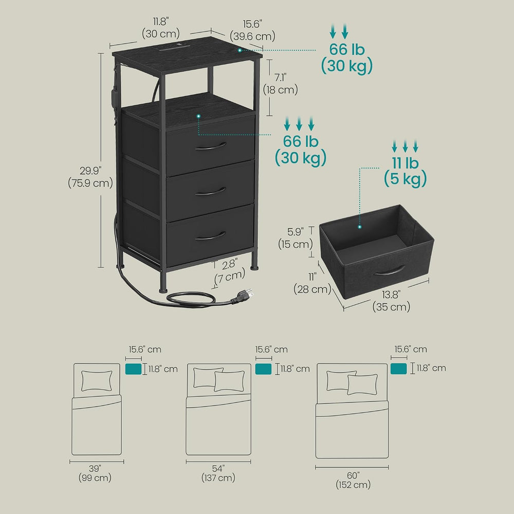 SONGMICS Nightstand with Charging Station, 3 Fabric Drawers