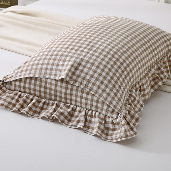 Aryeleay 2 Pack Taupe White Plaid Gingham Ruffle Pillow Shams King Size - Image 4