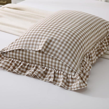 Aryeleay 2 Pack Taupe White Plaid Gingham Ruffle Pillow Shams King Size - Image 4