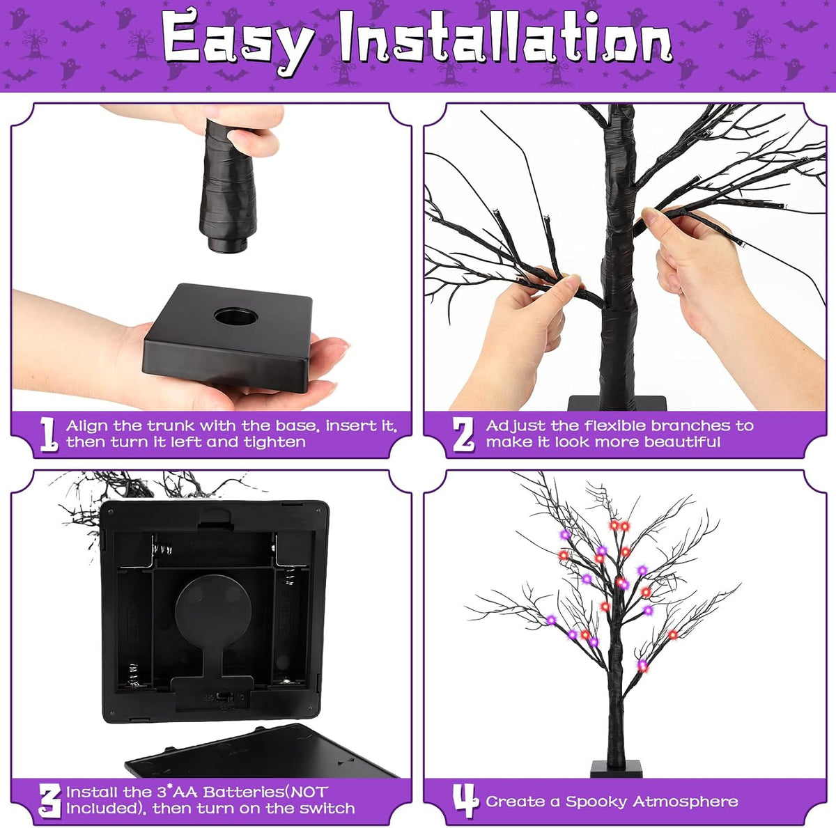 2Pack 24 Inch Halloween Spooky Tree with Lights, Lighted Tabletop Black Tree with Timer, Indoor Halloween Decorations for Home