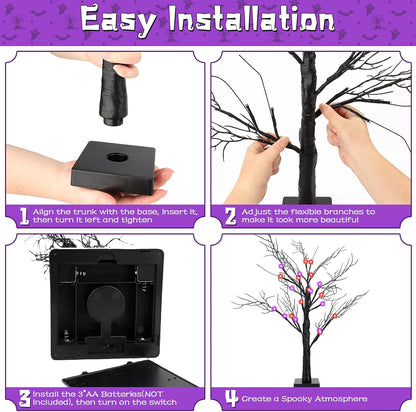 2Pack 24 Inch Halloween Spooky Tree with Lights, Lighted Tabletop Black Tree with Timer, Indoor Halloween Decorations for Home