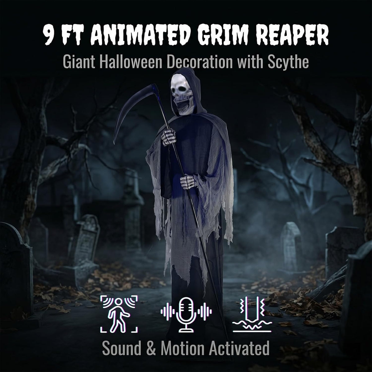 9FT Animated Grim Reaper Halloween Decoration - Sound Activated Halloween Animatronic Outdoor with Movement, Creepy Sounds and Light-Up Head, Giant Scary Reaper Prop, for Yard Porch Haunted House