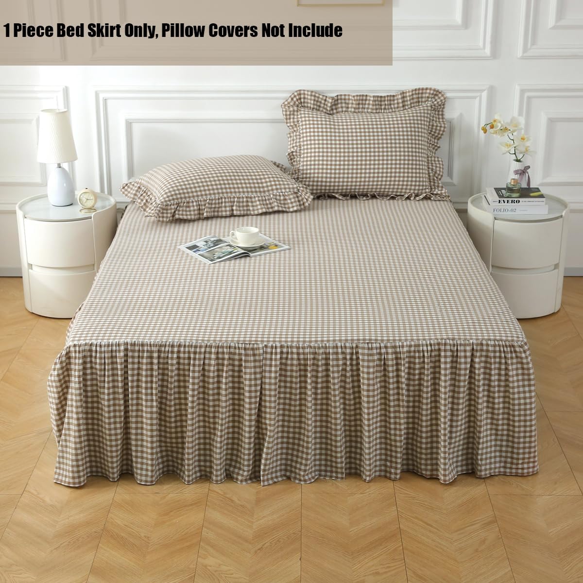 silnuo taupe/white plaid bed skirt gingham dust ruffle shown in use