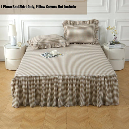 silnuo taupe/white plaid bed skirt gingham dust ruffle shown in use