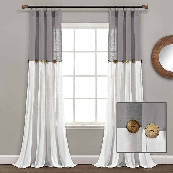 Lush Decor Linen Button Window Curtain Panel, Dark Gray & Off White - Image 9