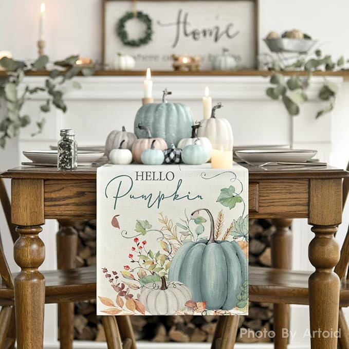 Artoid Mode Aqua Hello Pumpkin Leaves Fall Table Runner, Seasonal Autumn - Image 2