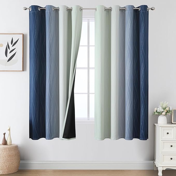 Estelar Textiler Navy Blue and Sage Green Ombre Blackout Curtains 63 Inch by ESTELARTEXTILER