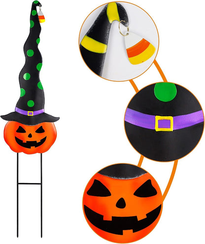 2 Pack Halloween/Thanksgiving Garden Decorations, Metal Jack-O-Lantern Yard Stakes with Witch Hats, Scary Yard Sign Outdoor Lawn Decor, Metal Pumpkin Art Garden Stake,Garden Sculpture Ornament