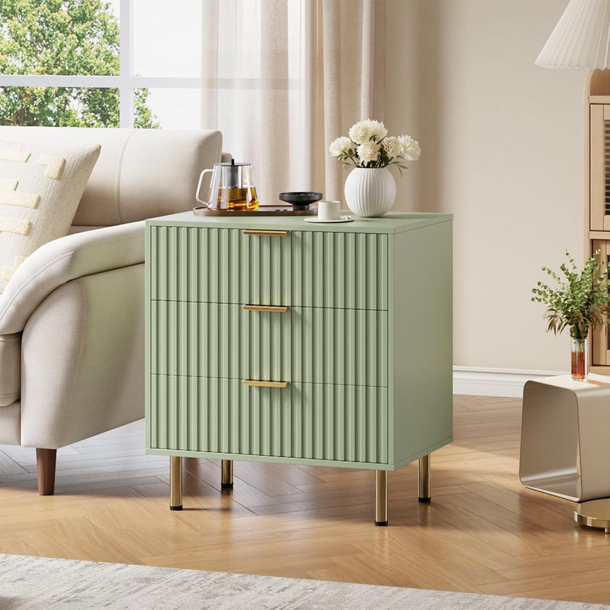 garveehome fluted green 3 drawer dresser for bedroom, main product view