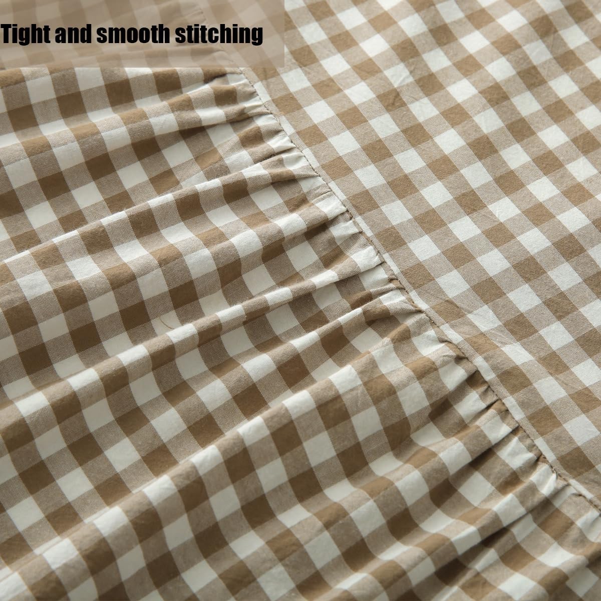 silnuo taupe/white plaid bed skirt gingham dust ruffle, close-up detail